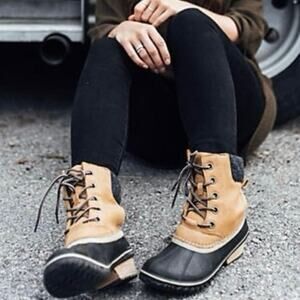 EUC SOREL Slimpack II Lace Up Waterproof Winter Boots Womens 10 Tan‎ Black Snow